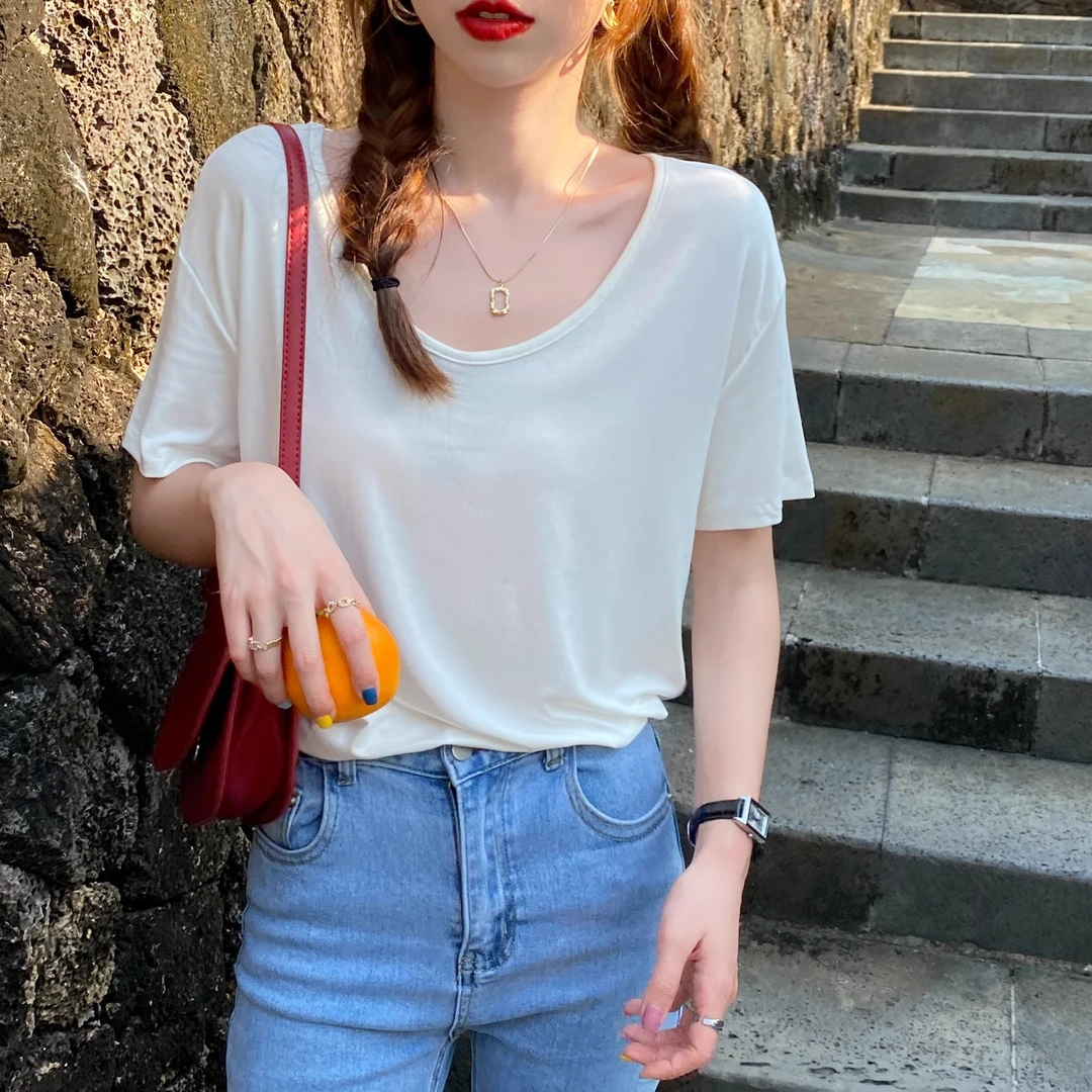 白色t恤女夏装短袖2025年新款百搭莫代尔棉体恤宽松纯色上衣薄款