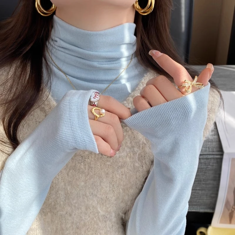 高领磨毛打底衫女装内搭2025秋冬新款修身气质堆堆领蓝色上衣