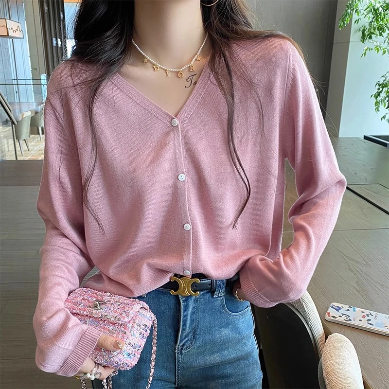 针织开衫外套女春秋2023爆款少女粉色毛衣韩版宽松慵懒风早秋上衣