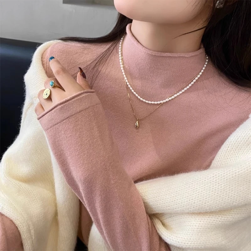 粉色半高领毛衣女内搭2025秋冬新款长袖打底衫修身高级感针织上衣