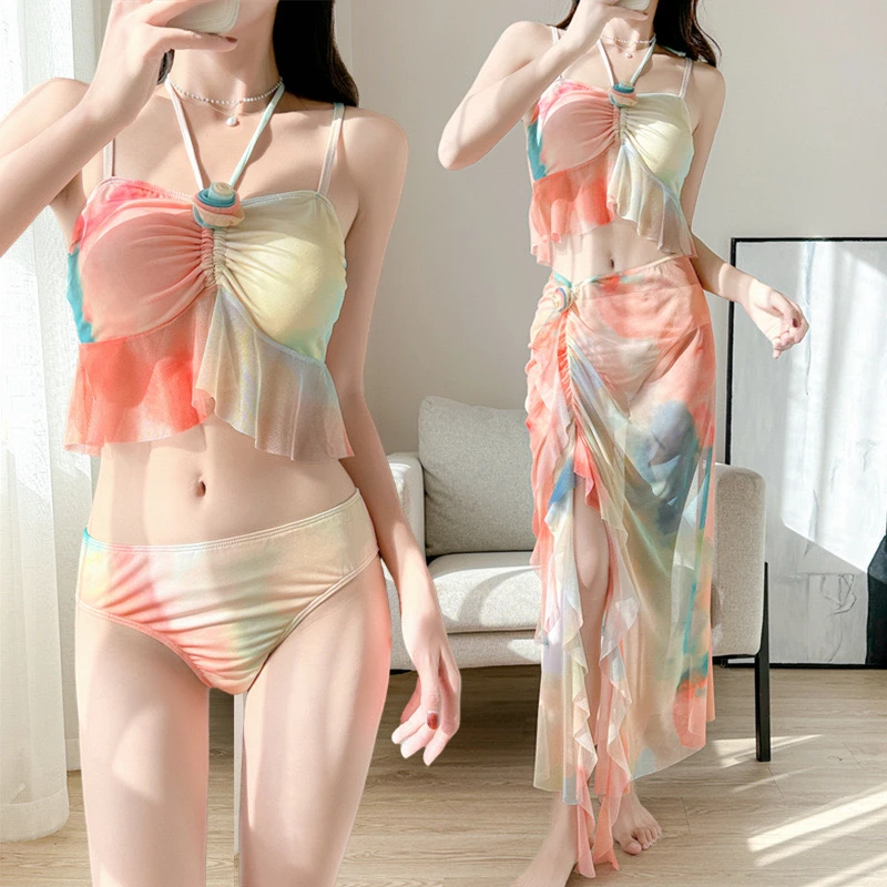 泳衣女分体三件套比基尼2025新款性感显瘦遮肚高级感披纱防晒泳装