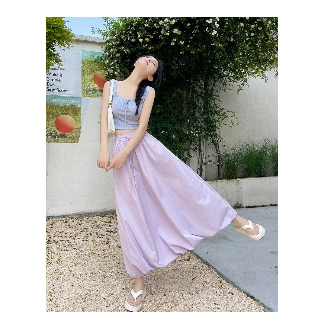 （花苞长裙啊）显瘦高腰夏季宽松文艺纯色垂感大摆