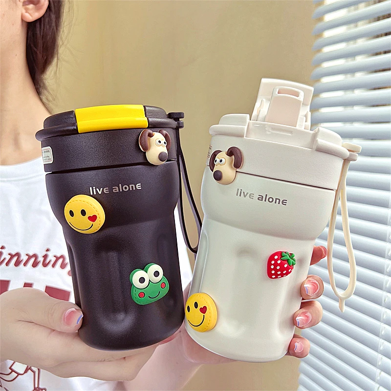 网红简约咖啡杯双饮保温杯男女316吸管水杯高颜值办公室便携杯子