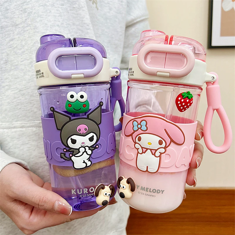 可爱美乐蒂双饮吸管塑料杯女生高颜值儿童学生运动便携随手水杯子