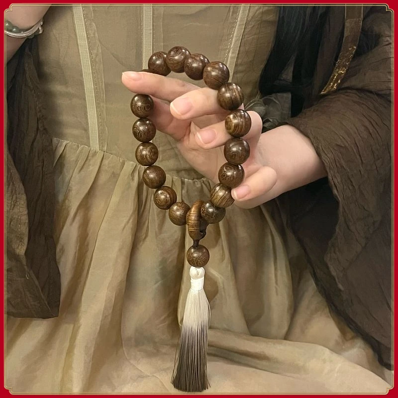 天然金丝檀木搭配流苏手持男女学生小众檀香木制文玩佛珠念珠收藏