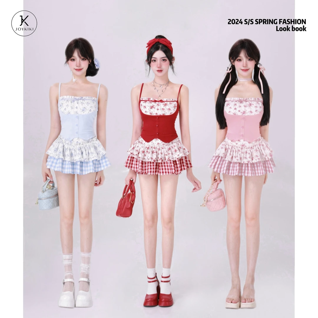 【JOYKIKI 清清!】【月季少女】夏季纯欲少女拼接碎花修身上衣J24B228