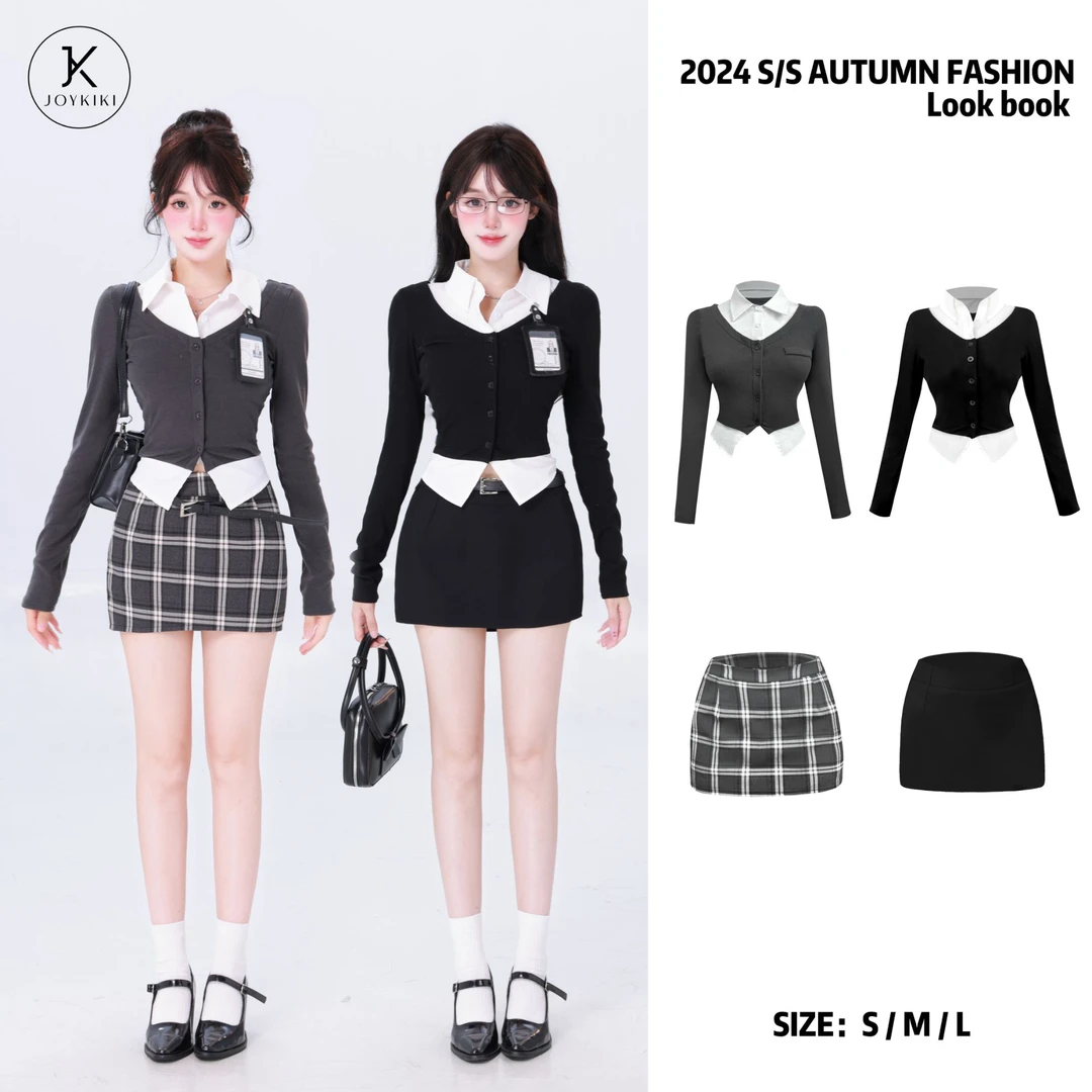 【JOYKIKI 清清!】【艺术生】学院风拼接撞色针织假两件衬衫 J24C216