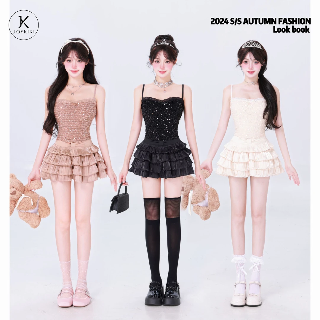 【JOYKIKI 清清!】【香槟粉妃】纯欲气质拼接亮片半裙 J24C100
