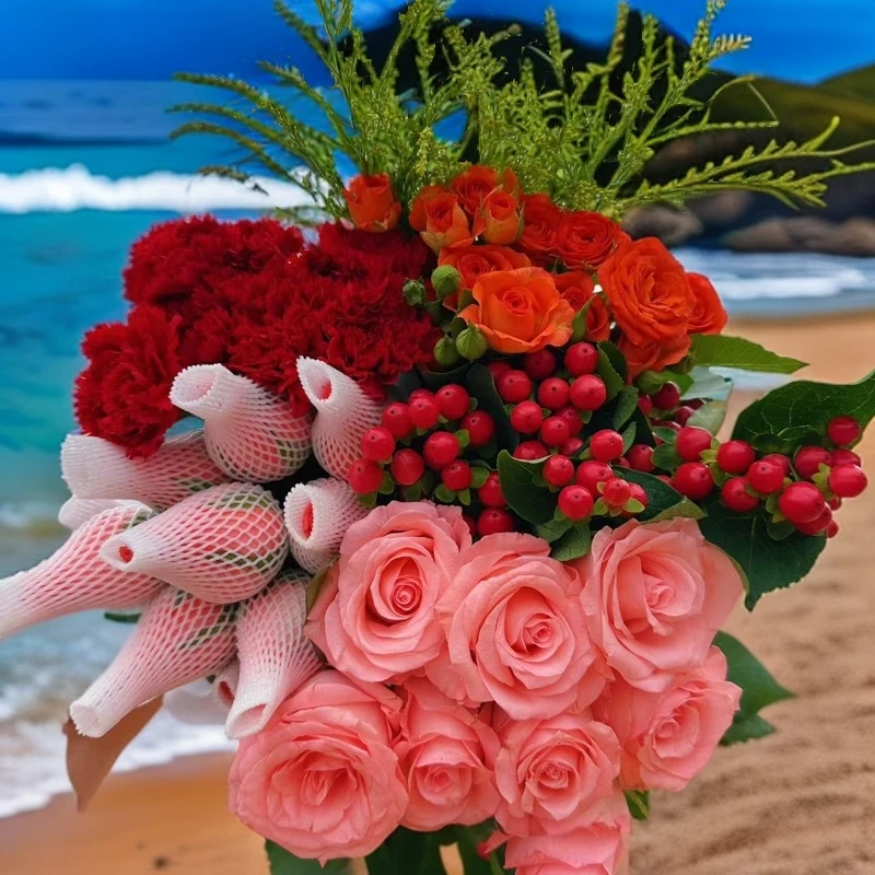 影星玫瑰10支+康乃馨10支+红豆1扎+橙芭比3支+配草1扎