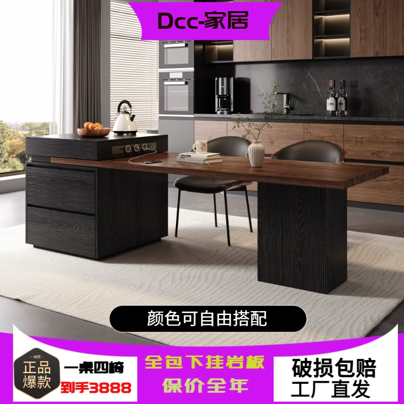 意式轻奢岛台餐桌一体可伸缩家用现代简约中倒台高级厨房岩板导台