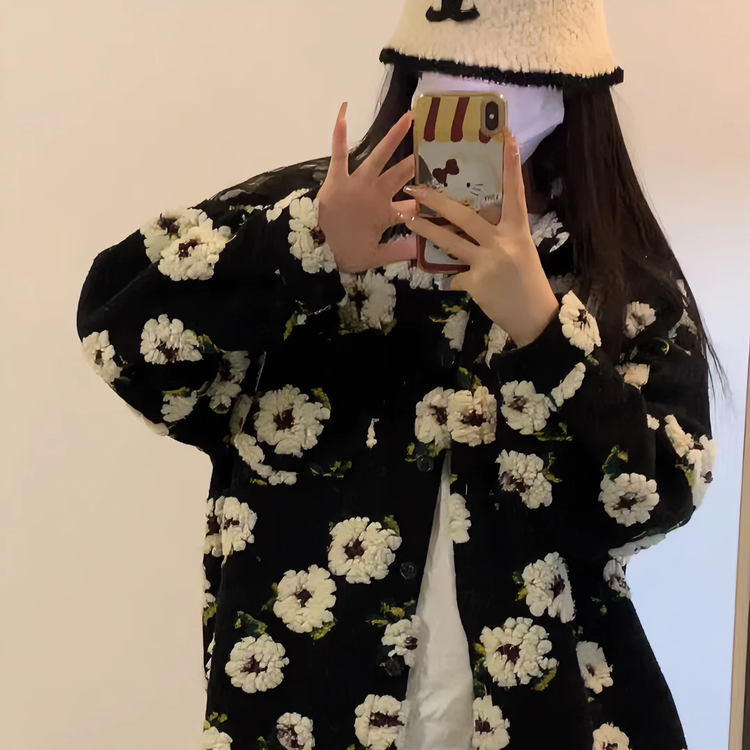 陈思思【冬日暖阳】山茶花连帽毛巾绣手工钩花毛呢外套洋气百搭外套