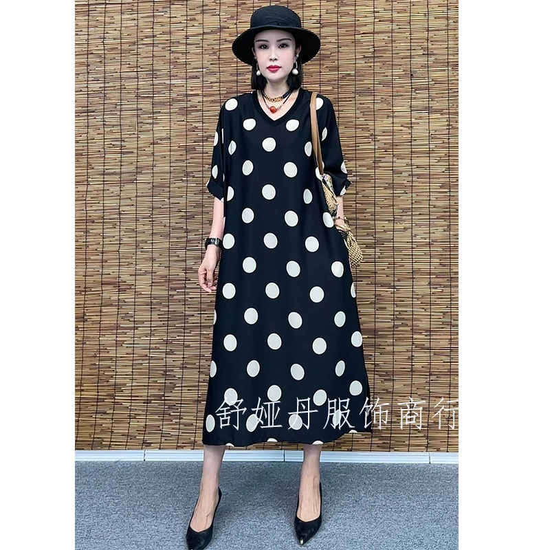 夏季香槟色短袖长V领裙时尚气质显瘦宽松休闲过膝【连衣裙231】