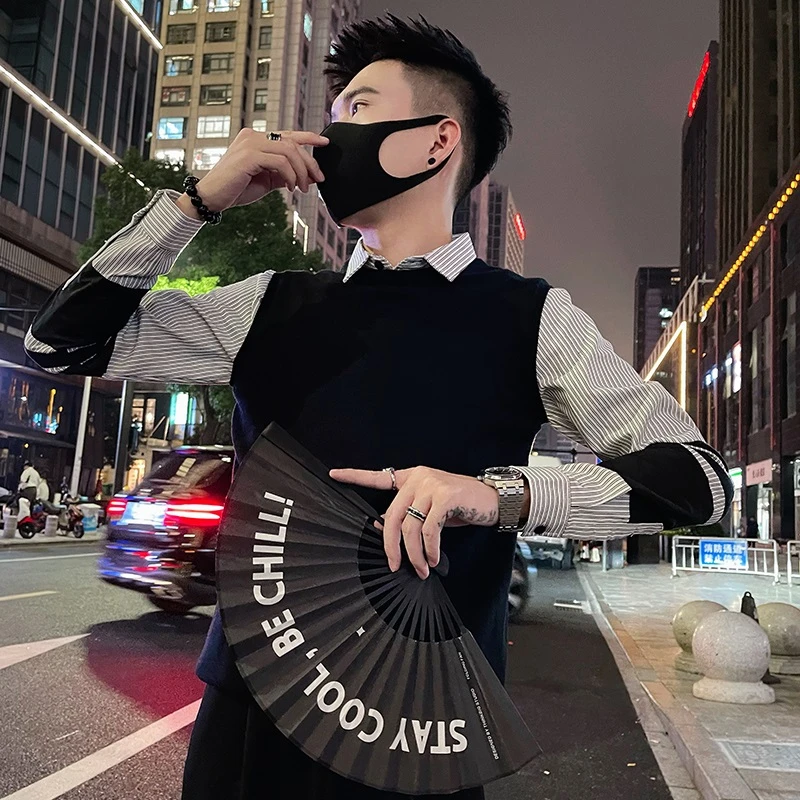 假两件拼接毛衣男士韩版潮流个性气质秋季休闲秋冬百搭长袖针织衫