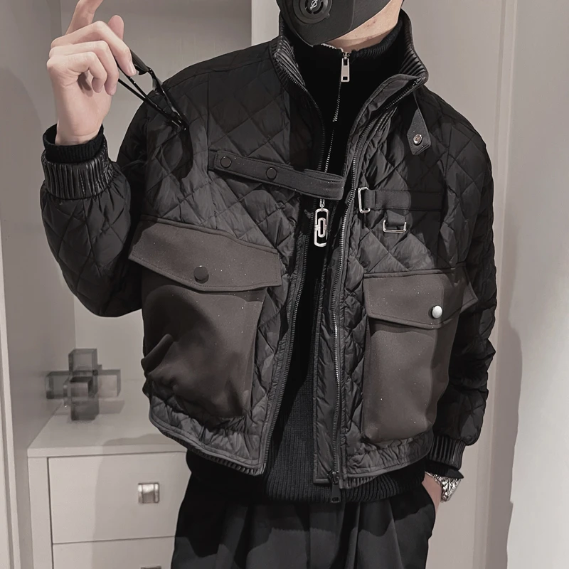 男士设计感高级工装棉衣秋冬潮流拼接保暖立领外套冬季百搭男棉袄