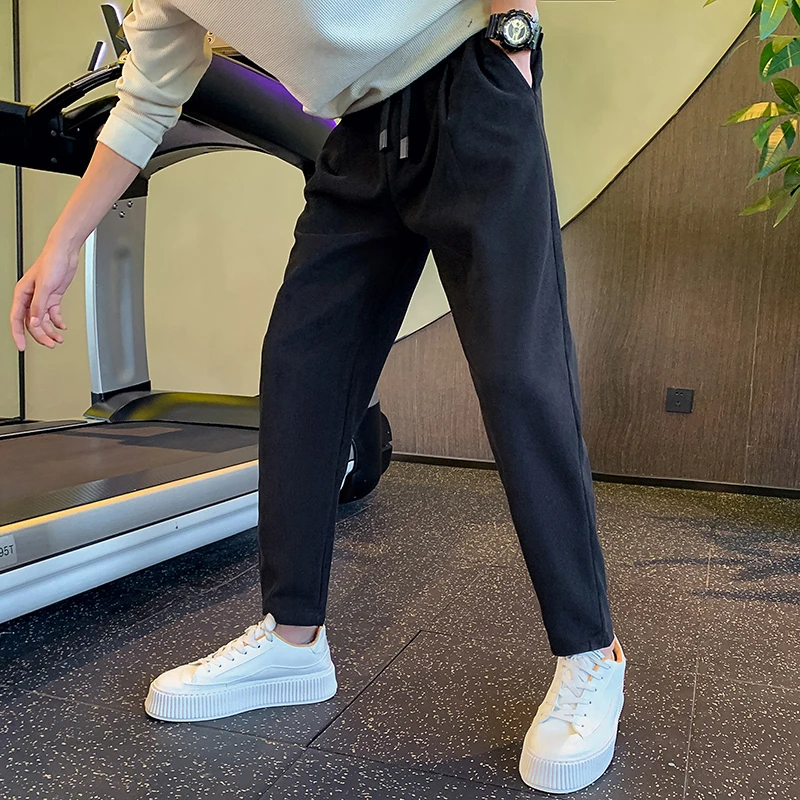 秋冬季新款男士休闲裤潮牌毛呢裤子卫裤简约纯色百搭加绒直筒裤