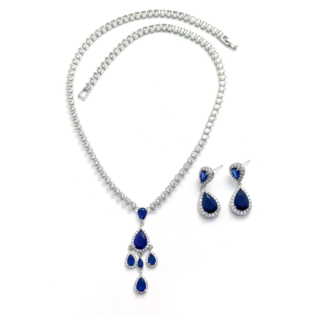 铜合金合成锆石耳饰 WYSX-000151 【蓝色星辰】 耳饰+项链套装小众