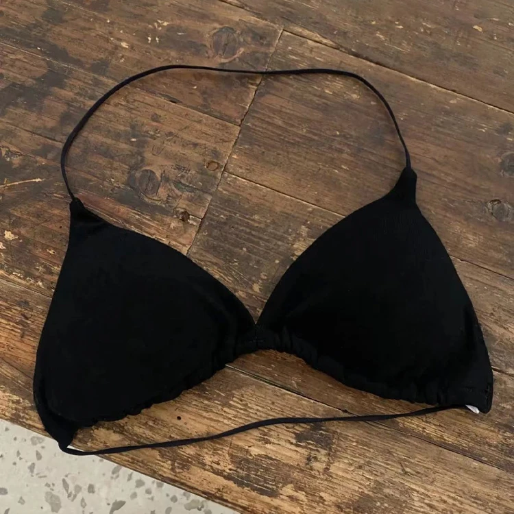 黑色比基尼小胸内搭文胸吊带法式挂脖内衣三角杯可调节