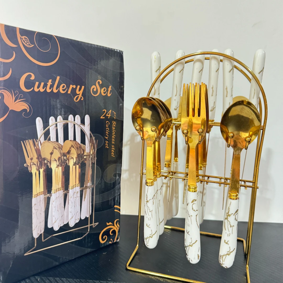 不锈钢餐具24件套北欧墨绿色酒店西餐具牛排刀收纳架礼盒