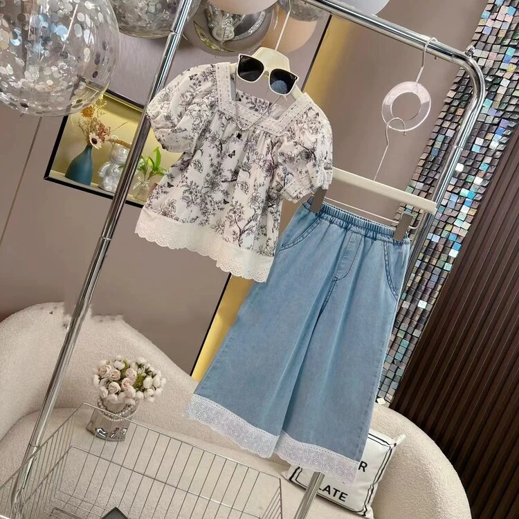2024新款原创女童水墨画上衣牛仔套装洋气时尚百搭中大童夏款