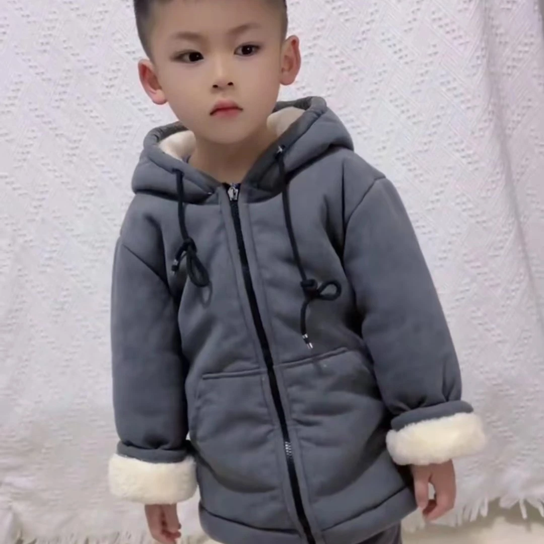 1纯色连帽加绒加厚冬季小童套装家居服可外穿简约时尚冬款保暖