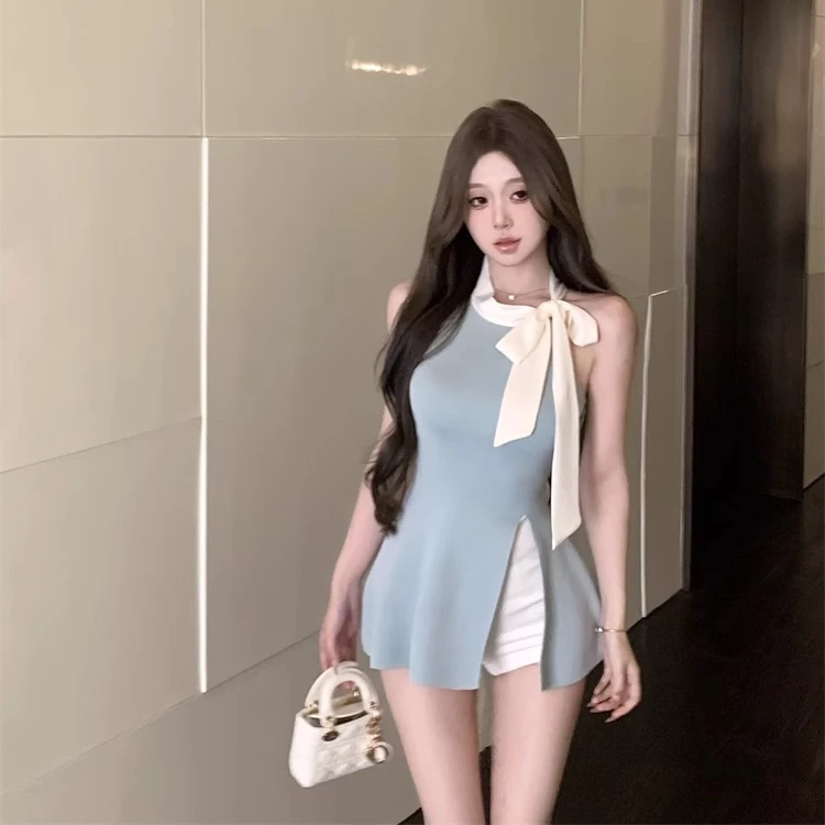 夏季甜辣蝴蝶结系带挂脖性感中长款背心上衣女洋气露肩无袖T恤潮