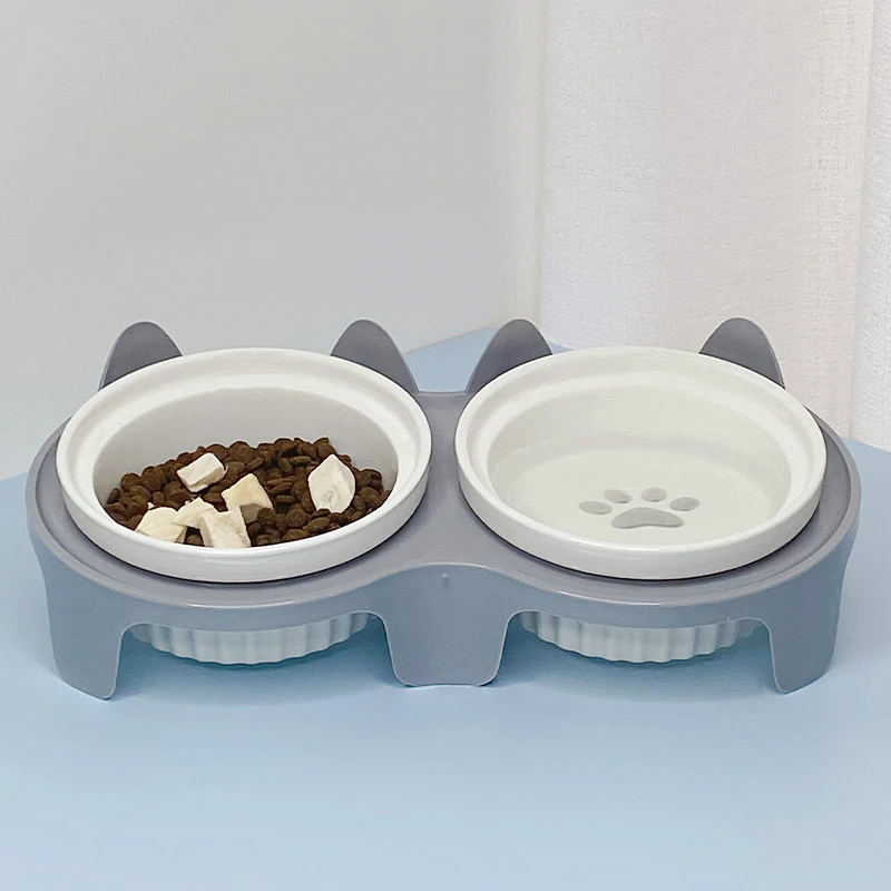 猫碗陶瓷大猫食盆双碗斜口狗狗碗护颈喝水喂食一体防打翻猫咪用品