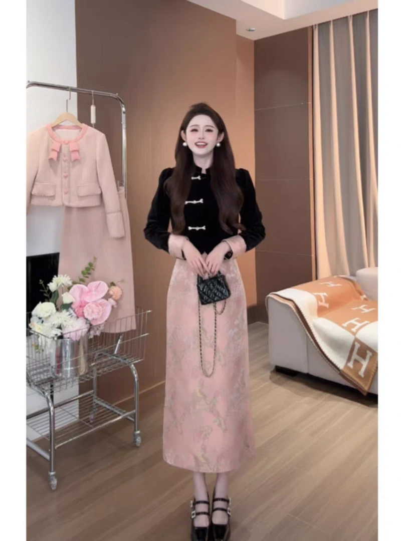 重工盘扣上衣提花半身裙套装女新中式国风气质女装秋季新款两件套