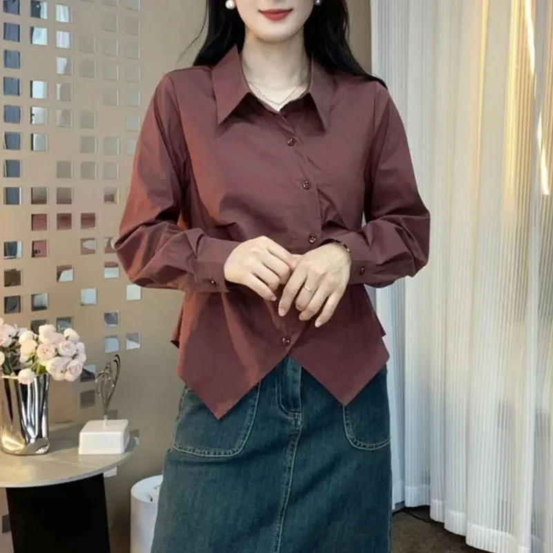 不规则衬衫女秋季新款2025纯色洋气减龄小衫韩版气质百搭显瘦上衣