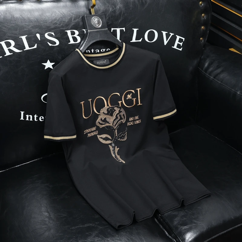 2025夏季轻奢欧货时尚潮流丝光棉短袖t恤玫瑰花经典男装