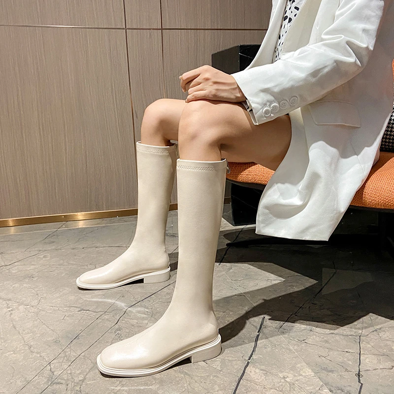 【主播推荐】方头长筒靴女软皮骑士靴瘦瘦拉链女不过膝靴百搭长靴