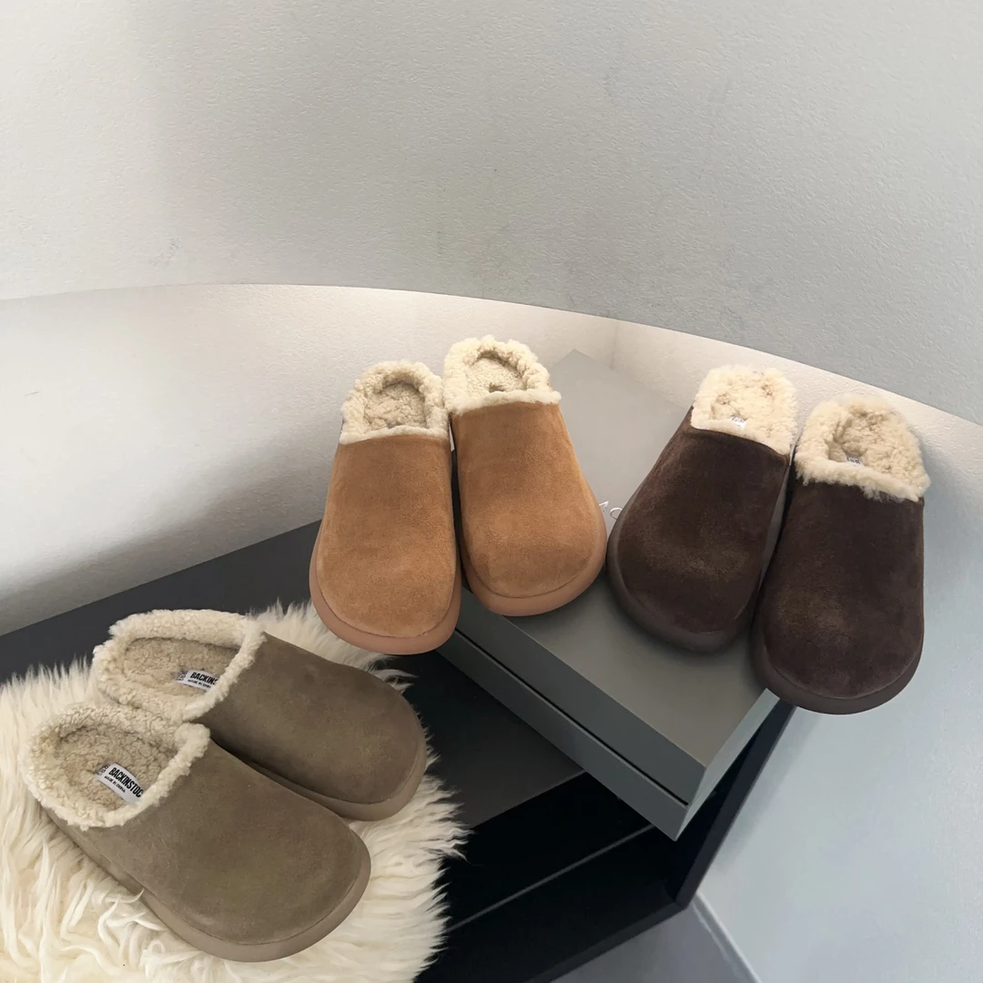 素陌冬季小土豆皮毛一体勃肯拖鞋真皮包头复古舒适保暖棉鞋20161