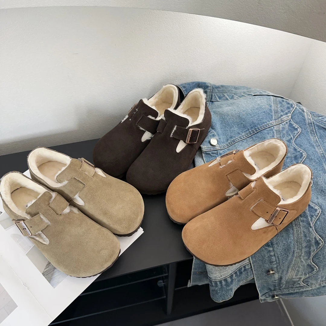 素陌冬季加厚棉鞋保暖勃肯鞋女真皮乐福鞋复古一脚蹬百搭20161