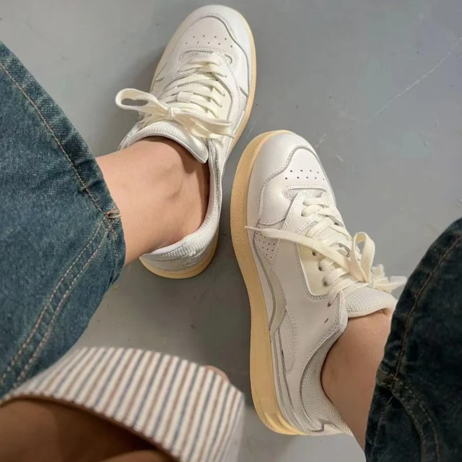 素陌秋季韩版新款小白鞋女真皮复古百搭低帮休闲板鞋系带潮鞋1513