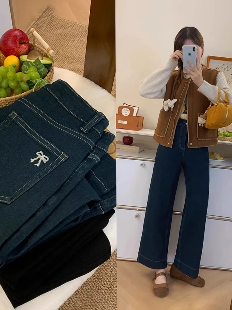 秋冬加厚蝴蝶结刺绣~遮胯显瘦直筒弹力九分牛仔裤