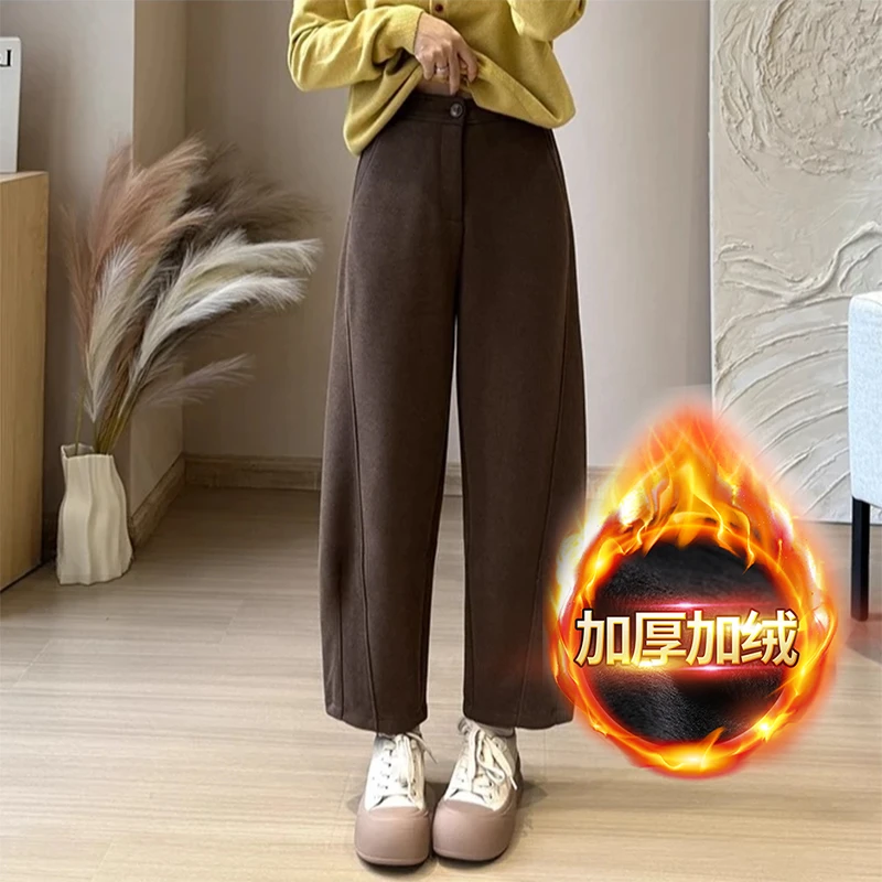 小个子斜裁加绒毛呢气球裤女2024冬季新款梨形身材高腰显瘦奶奶裤