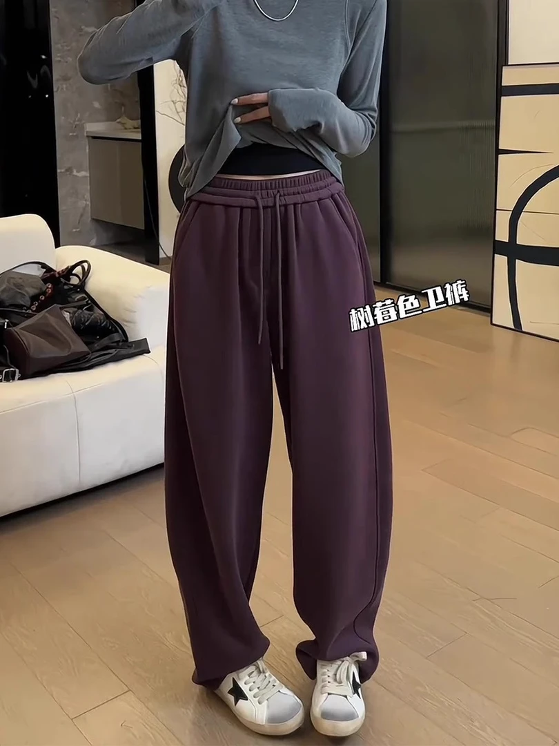 2024冬季加绒款大码女装宽松阔腿休闲裤梨形身材显瘦显高树莓色
