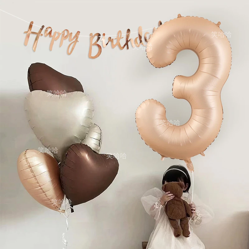 40寸奶油焦糖拿铁咖啡气球复古韩式爱心数字生日派对布置场景装饰
