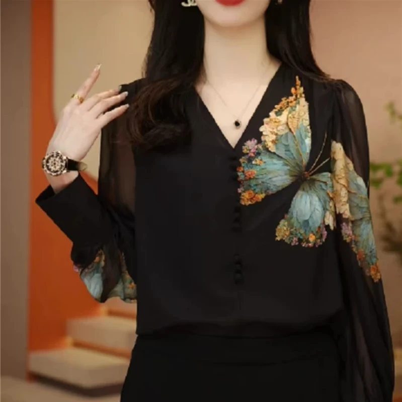 雪纺衬衫女士早秋季2024年新款中年妈妈宽松遮肚衬衣气质v领上衣