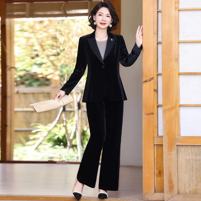 气质春秋高端金丝绒2024套装两件套新款妈妈装洋气时尚西装职业