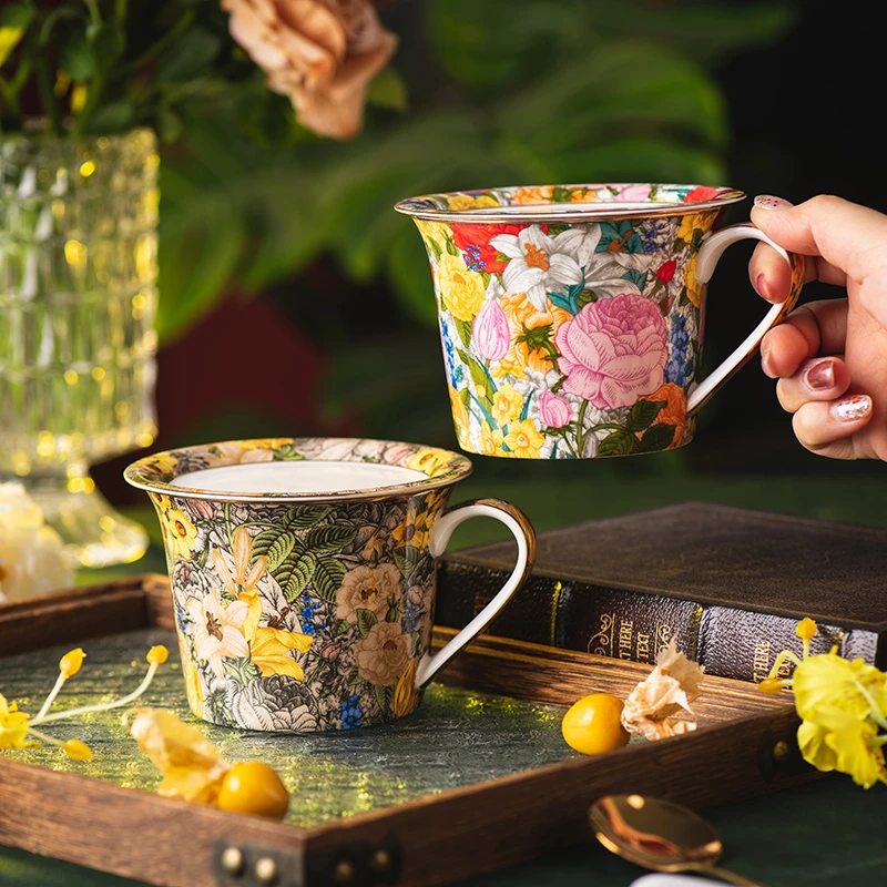 花韵马克杯带盖陶瓷杯高颜值早餐杯家用喝水杯办公室茶杯咖啡杯