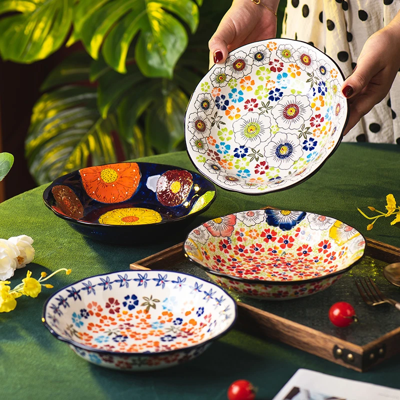 手绘盘子家用陶瓷餐盘菜盘8.25寸新款深盘高颜值早餐盘鱼盘饺子盘