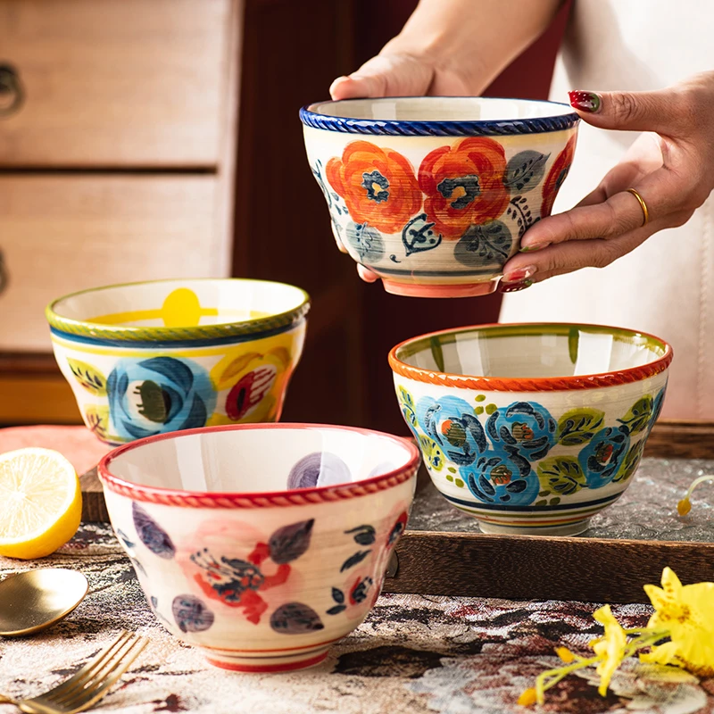 古彩碗家用米饭碗陶瓷家用餐具复古汤碗饭碗面碗沙拉碗个人专用