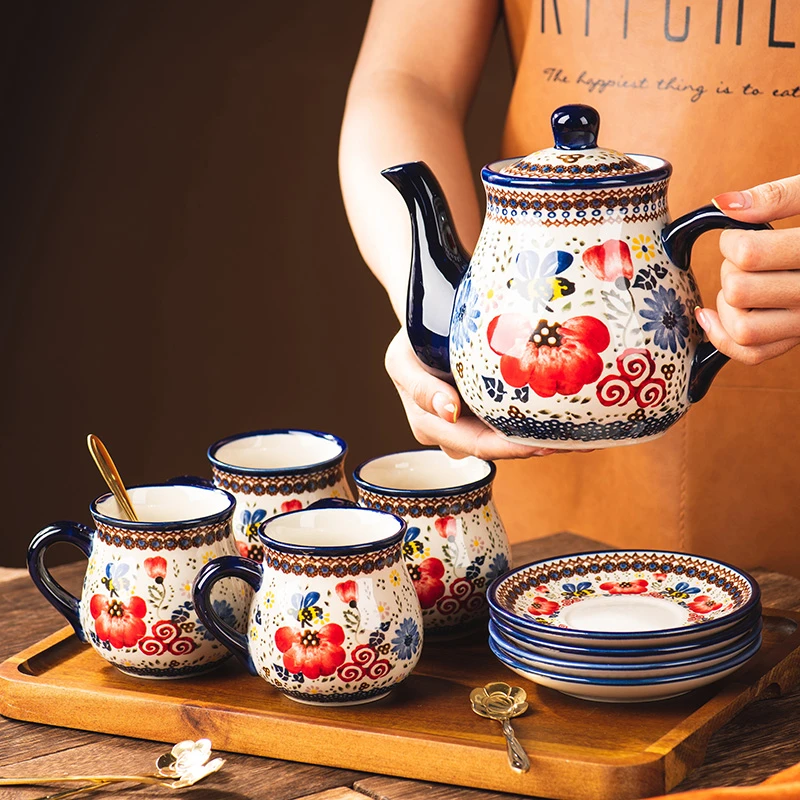 陶瓷冷水凉水壶家用波兰家庭客厅下午茶具喝水咖啡杯碟套装带托盘