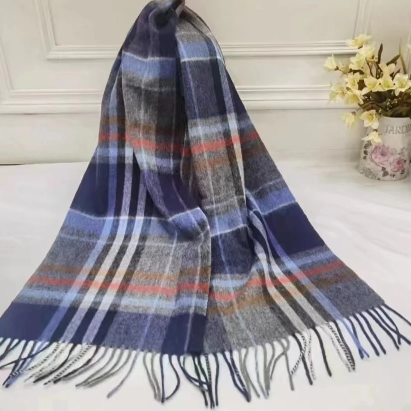 内蒙古厂家直邮100纯羊毛男士百搭小围巾经典格子32x190（含流苏）