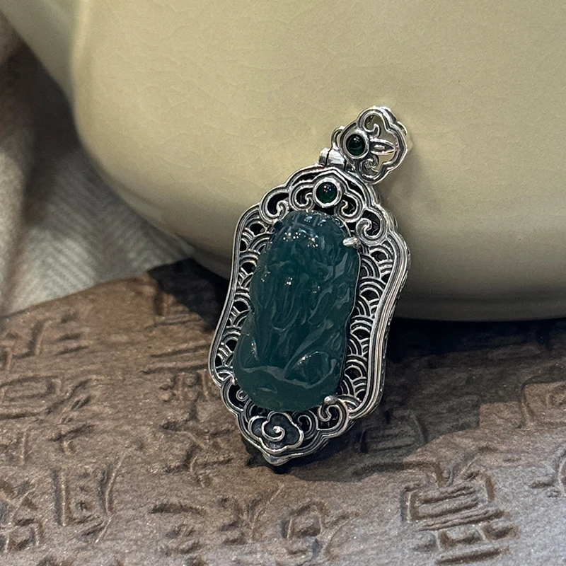 <一禅兄>S925银亮光翡翠蓝水貔貅镂空吊坠民族风