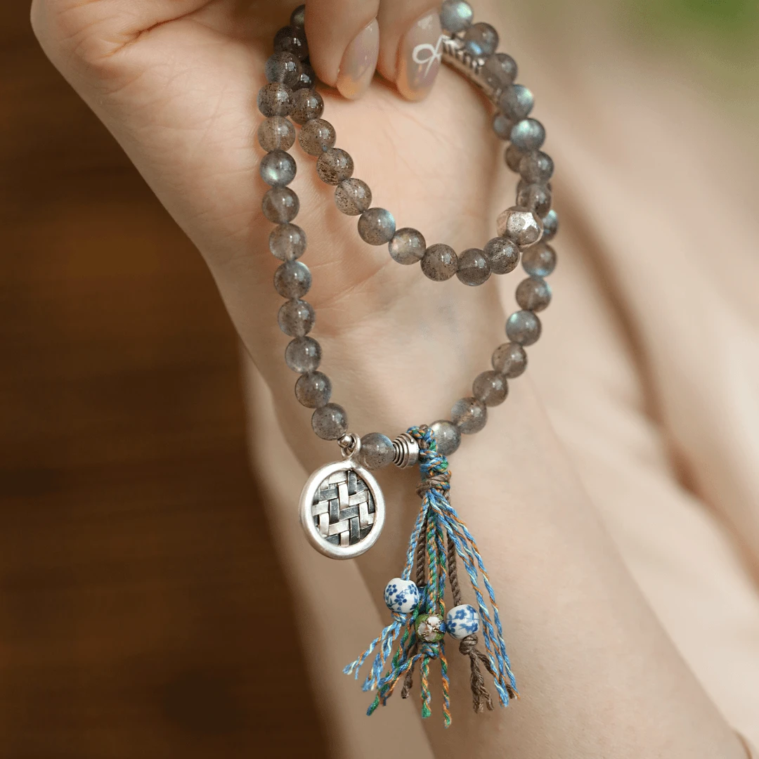 <一禅兄>复古手工925泰银弯管鱼编织吊坠月光石流苏弹力绳手串