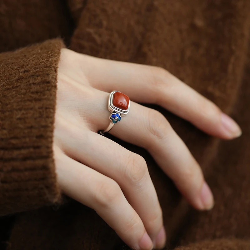 <一禅兄>S925银做旧亮银南红玛瑙景泰蓝祥云方形戒指活口可调