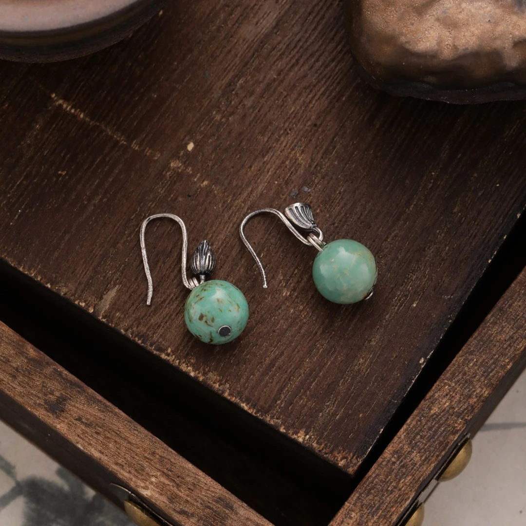 <一禅兄>S925银绿松石莲花花苞个性国风莲蓬耳钩多样性发