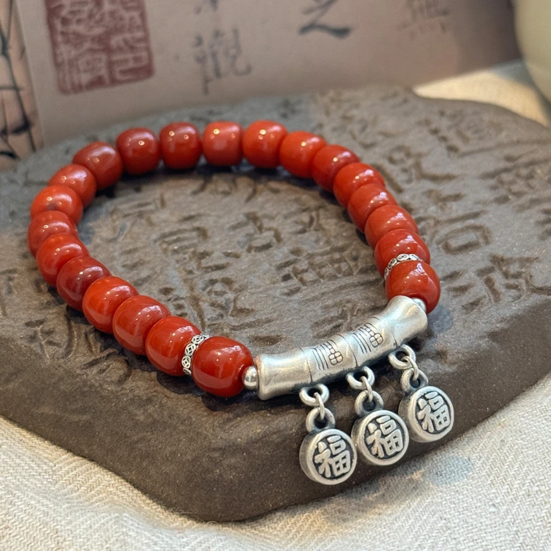 <一禅兄>S925银足银红玛瑙老型珠福字竹节弯管弹力手串新中式手链