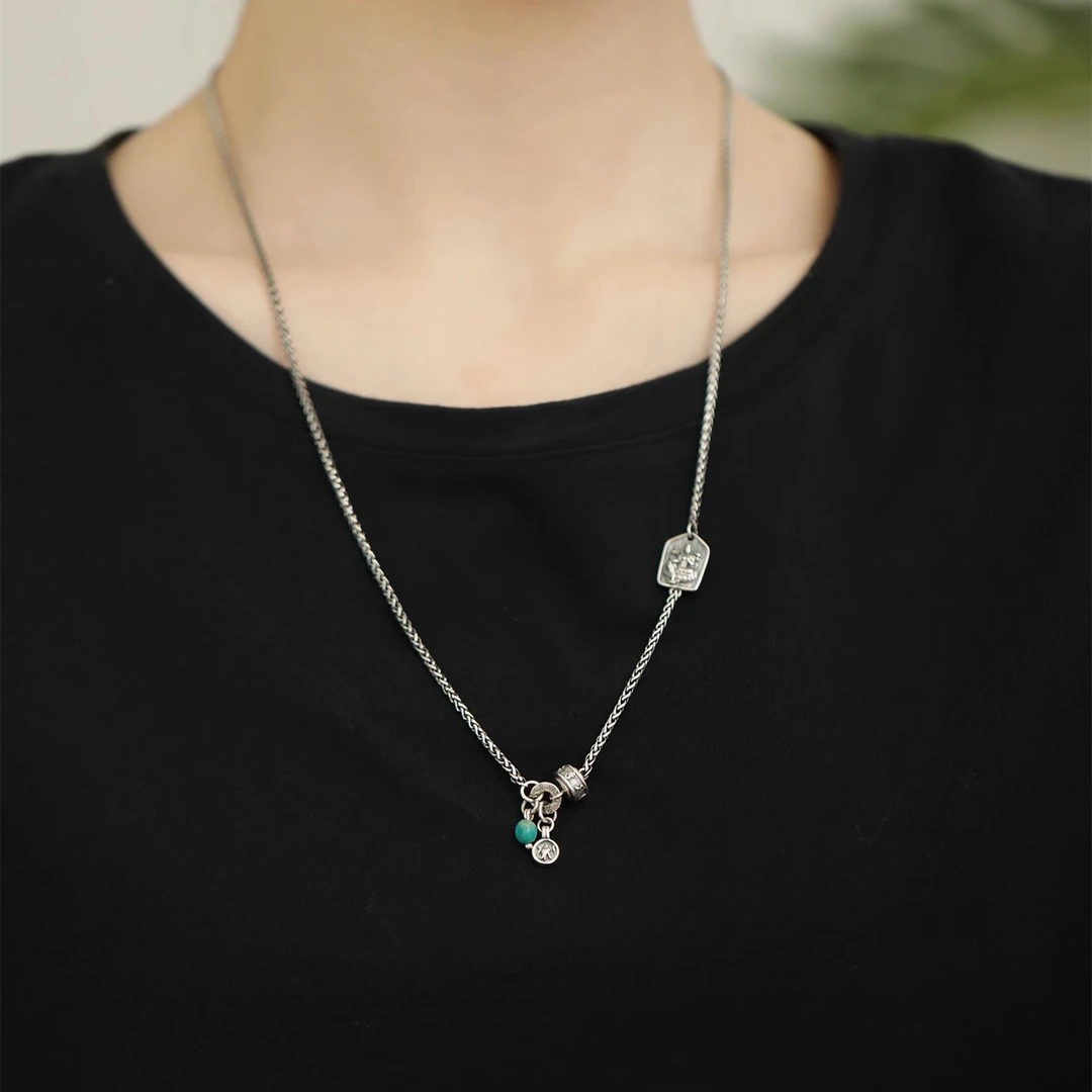 <一禅兄>S925银绿度母牌六字真言松松项链女锁骨链个性小众设计感